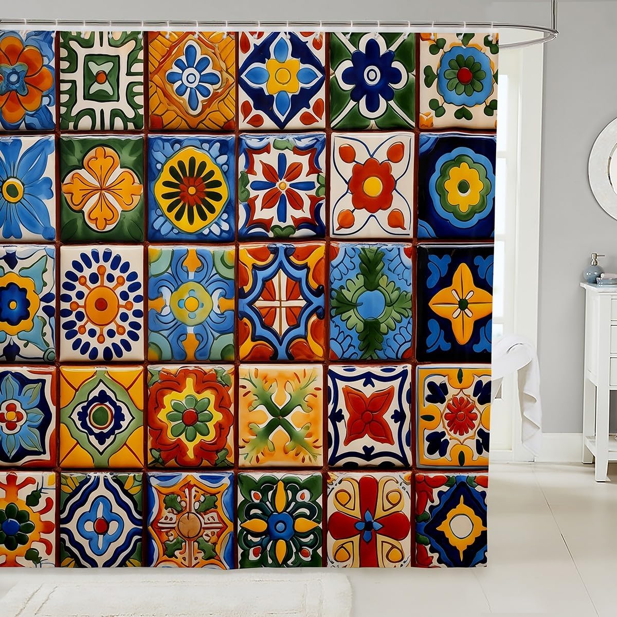 Erosebridal Mexican Talavera Style Shower Curtain Set with 15 Hooks