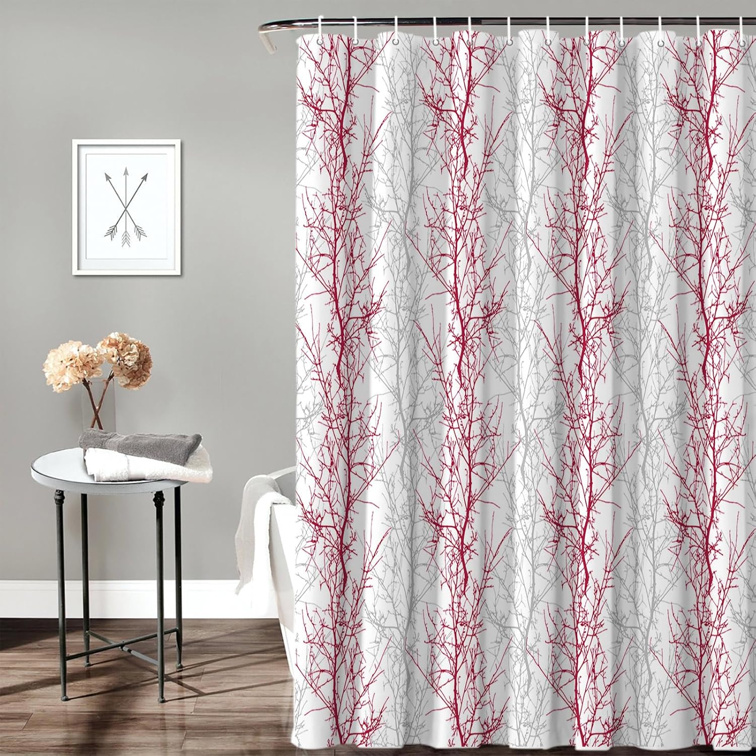 72 Inch Rose Red and Grey Shower Curtain Set with 12 Hooks