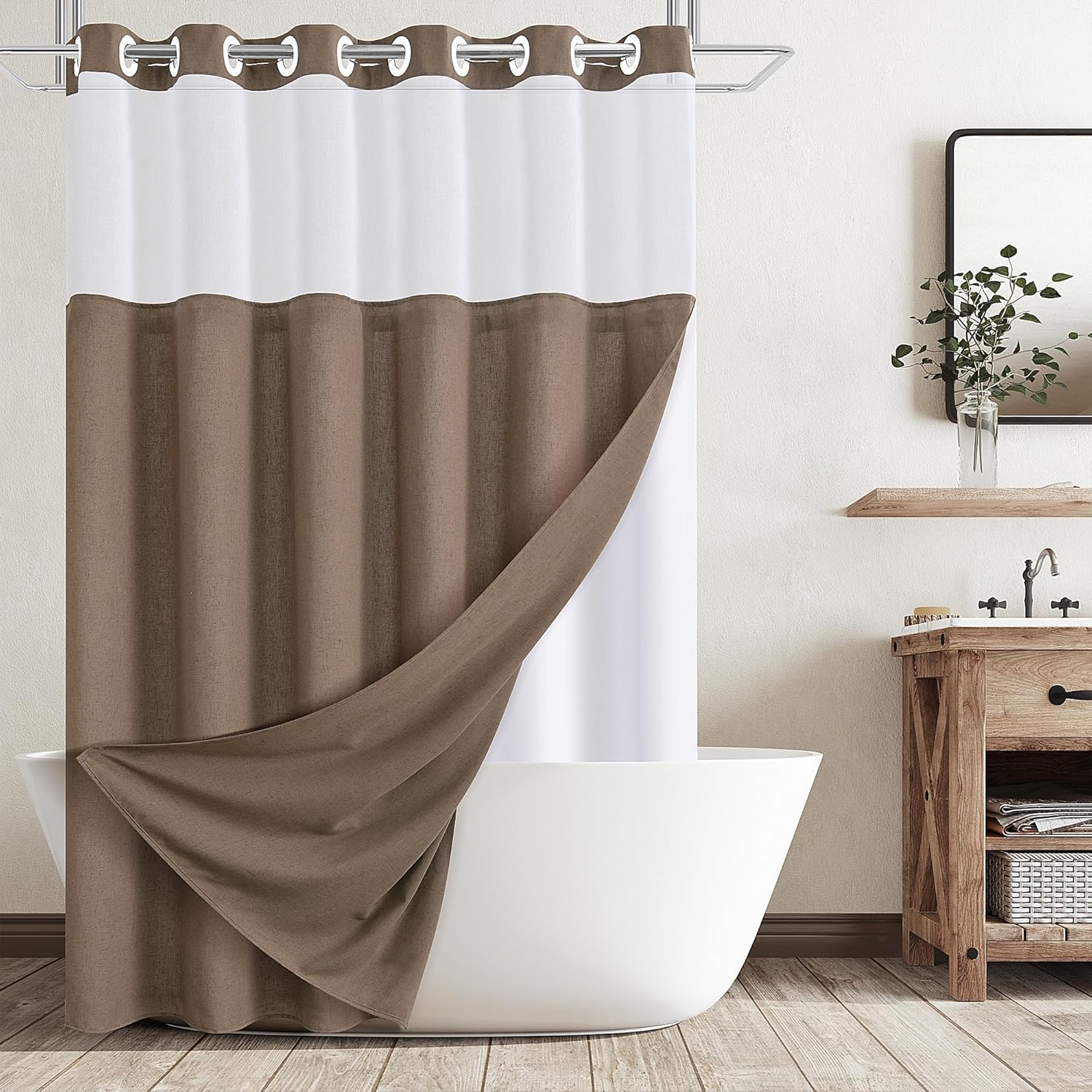 No Hooks Linen Shower Curtain Set Tan