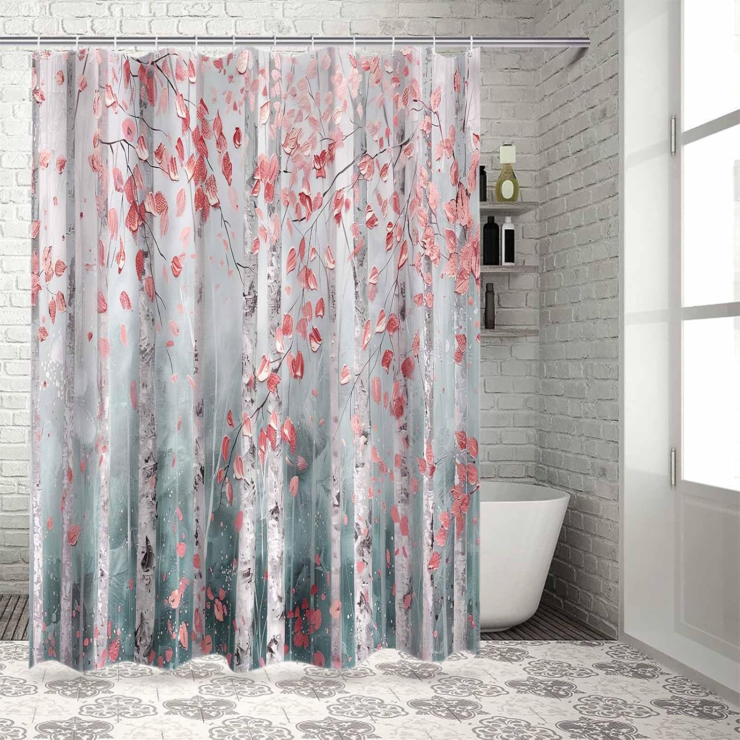 Funnywall88 72 Inch Branch Pink Leaves Art Shower Curtain Set with 12 Hooks