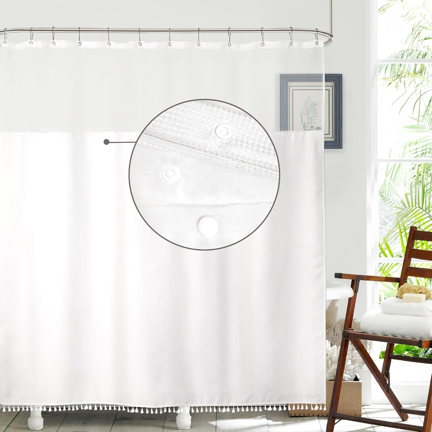 Riyidecor White Tassel Waffle Shower Curtain Set