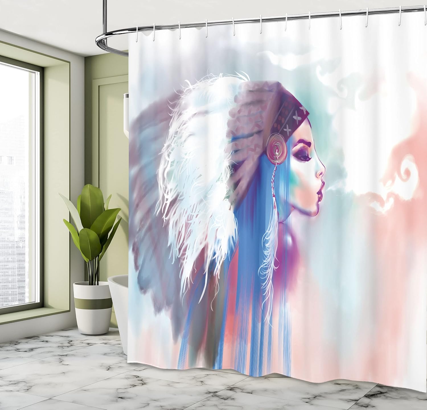 Ambesonne Tribal Shower Curtain Set with Hooks 69x84 Blue Mauve Salmon