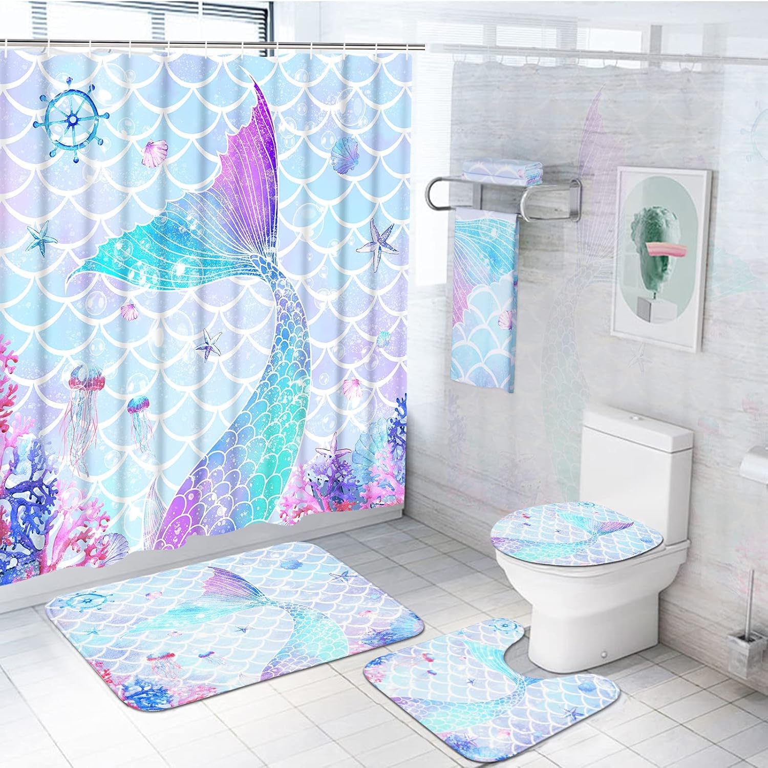 Ikfashoni 7 Piece Mermaid Bath Set with Rugs and Towels Large