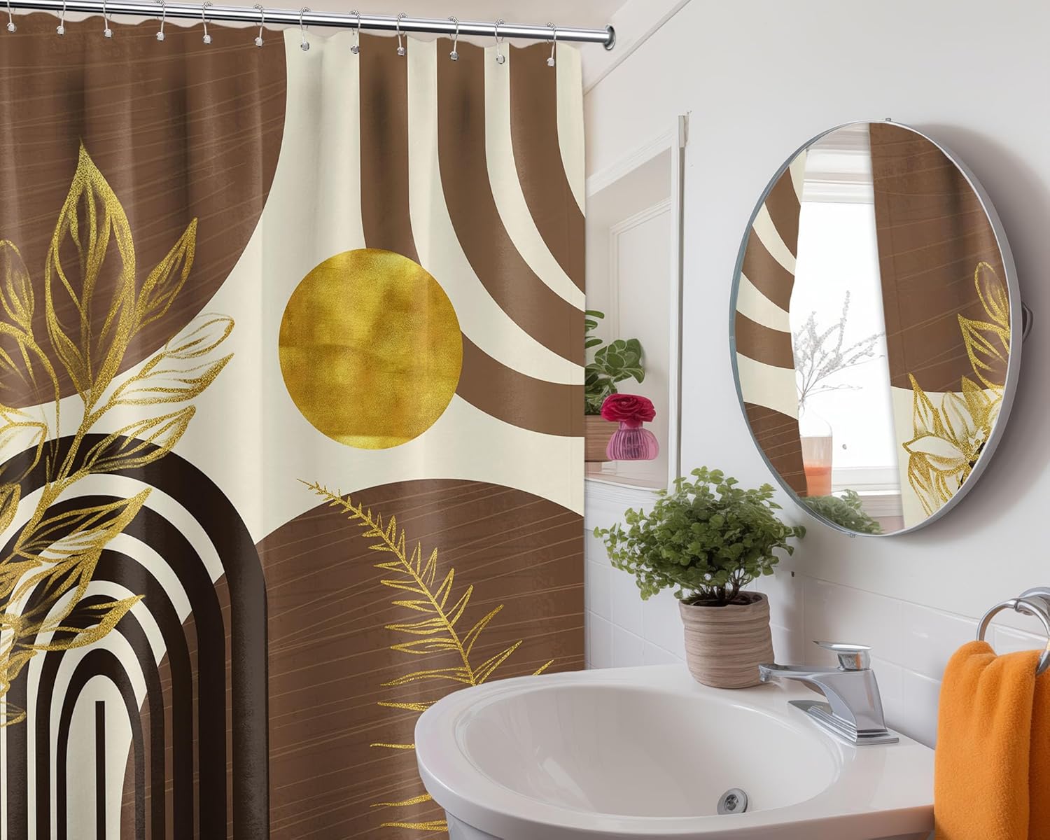 Boho MCM Shower Curtain Set Black Brown Beige 72x84 Waterproof