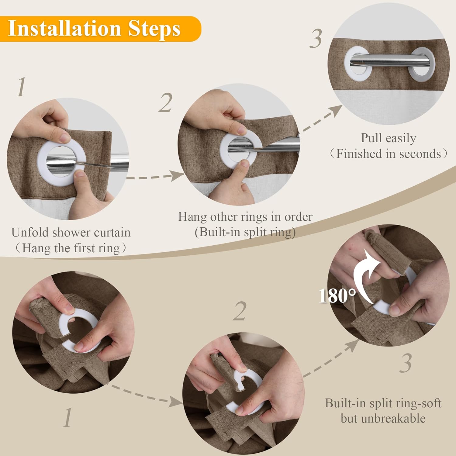 No Hooks Linen Shower Curtain Set Tan