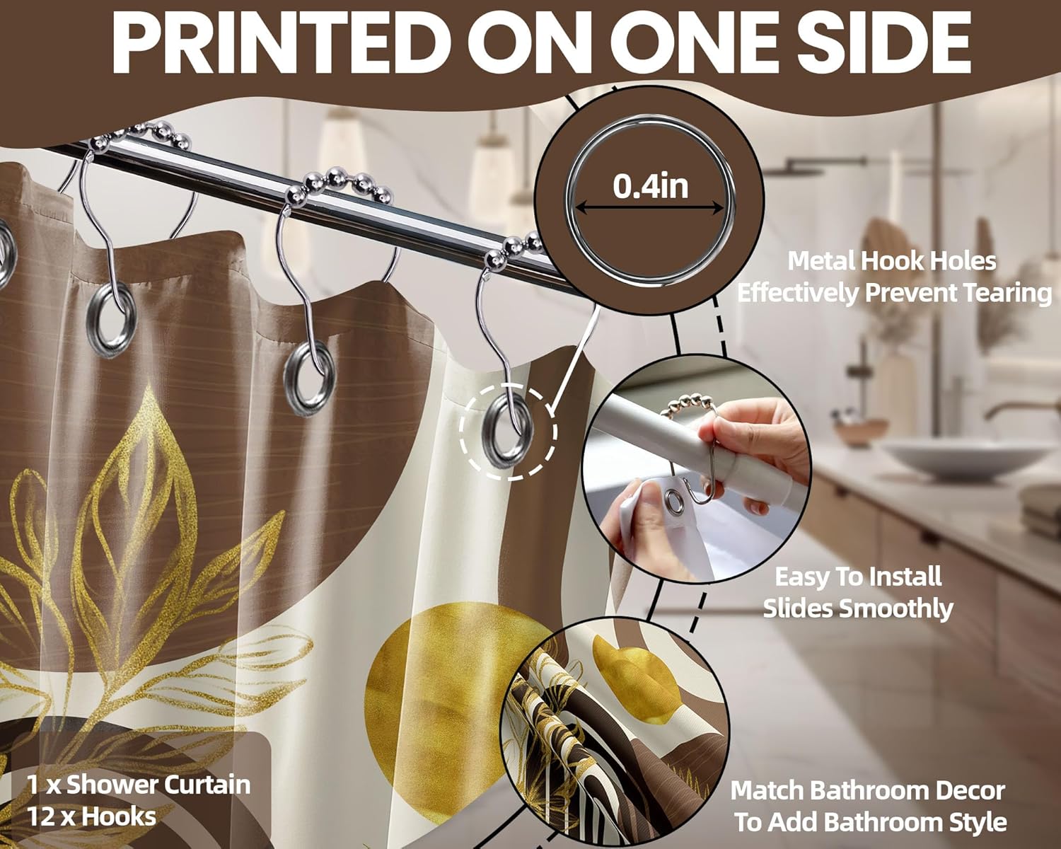Boho MCM Shower Curtain Set Black Brown Beige 72x84 Waterproof