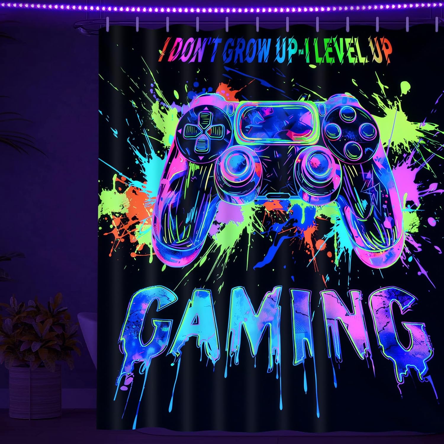 Likiyol 4 Pcs UV Reactive Blacklight Shower Curtain Set with Rugs