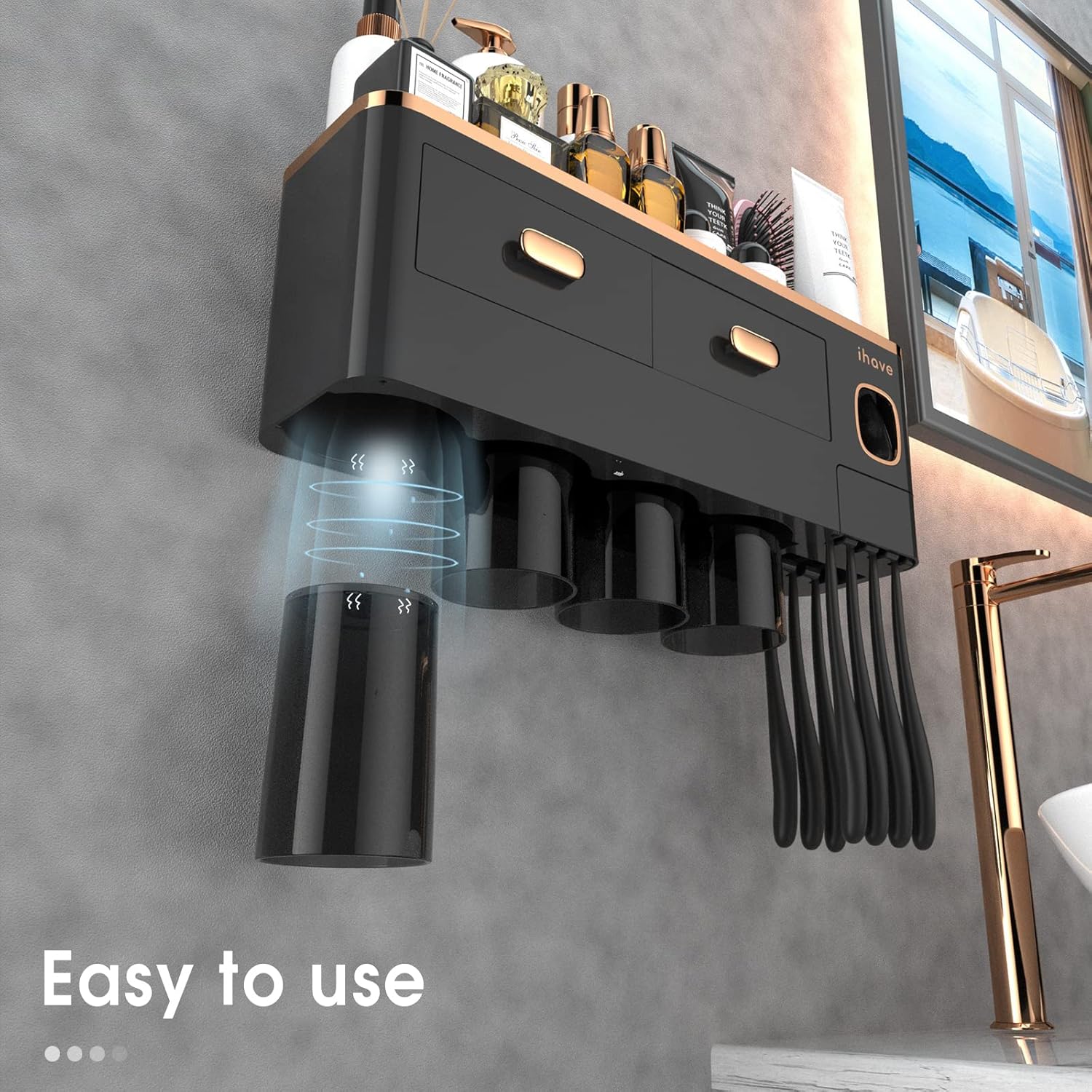 iHave Toothbrush Holder with Toothpaste Dispenser and Cosmetic Drawers