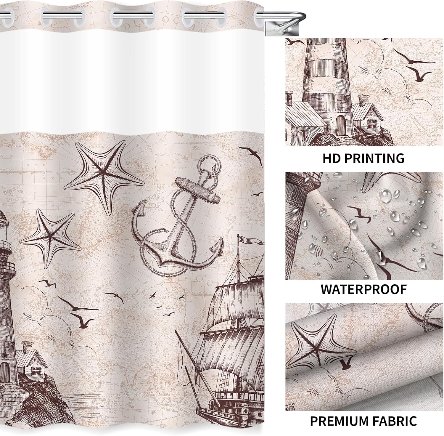 Uhexoyo Ocean Themed Nautical Lighthouse Shower Curtain 71x74in Hookless Double Lining