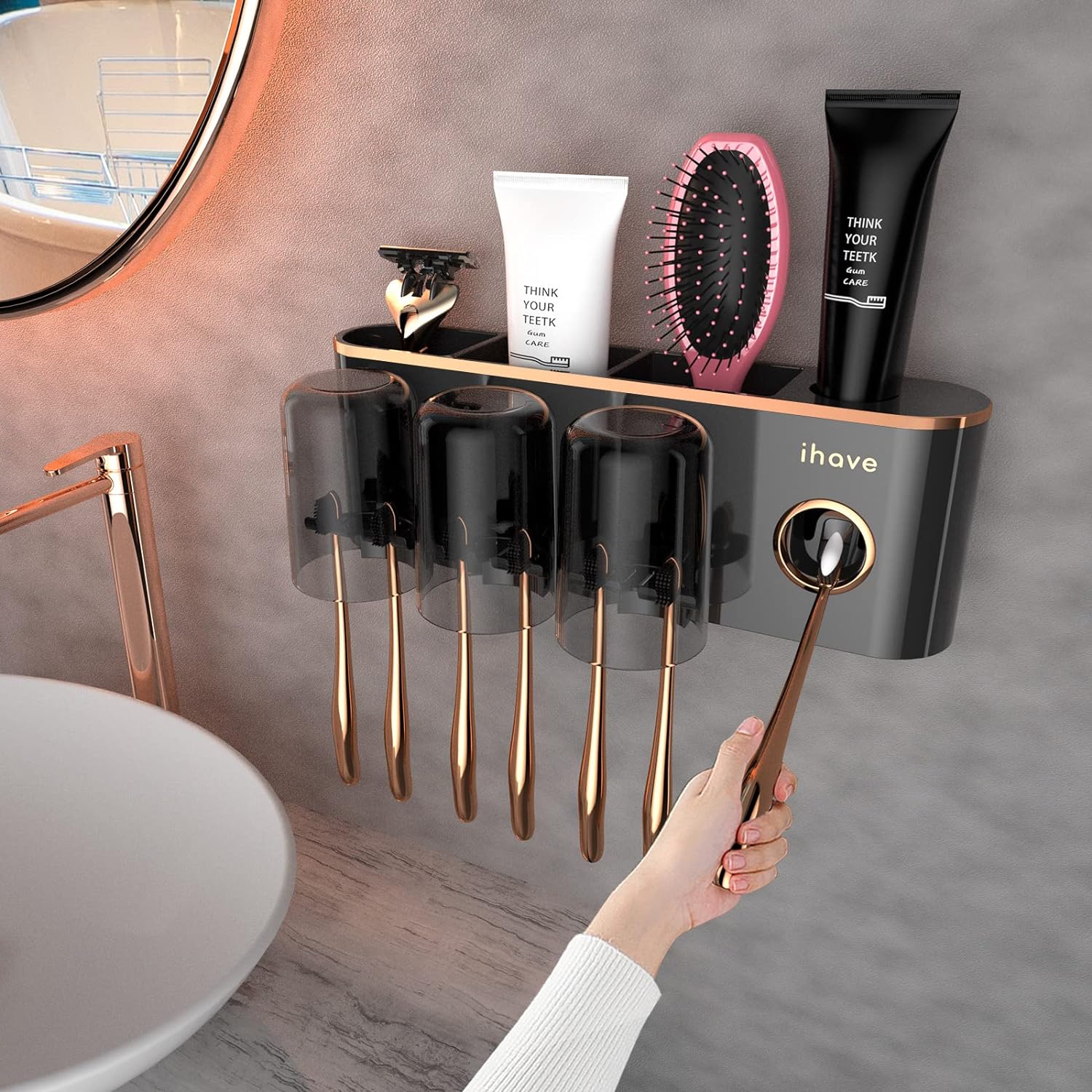 iHave Toothbrush Holder with Toothpaste Dispenser Wall Mounted Bathroom Organizer