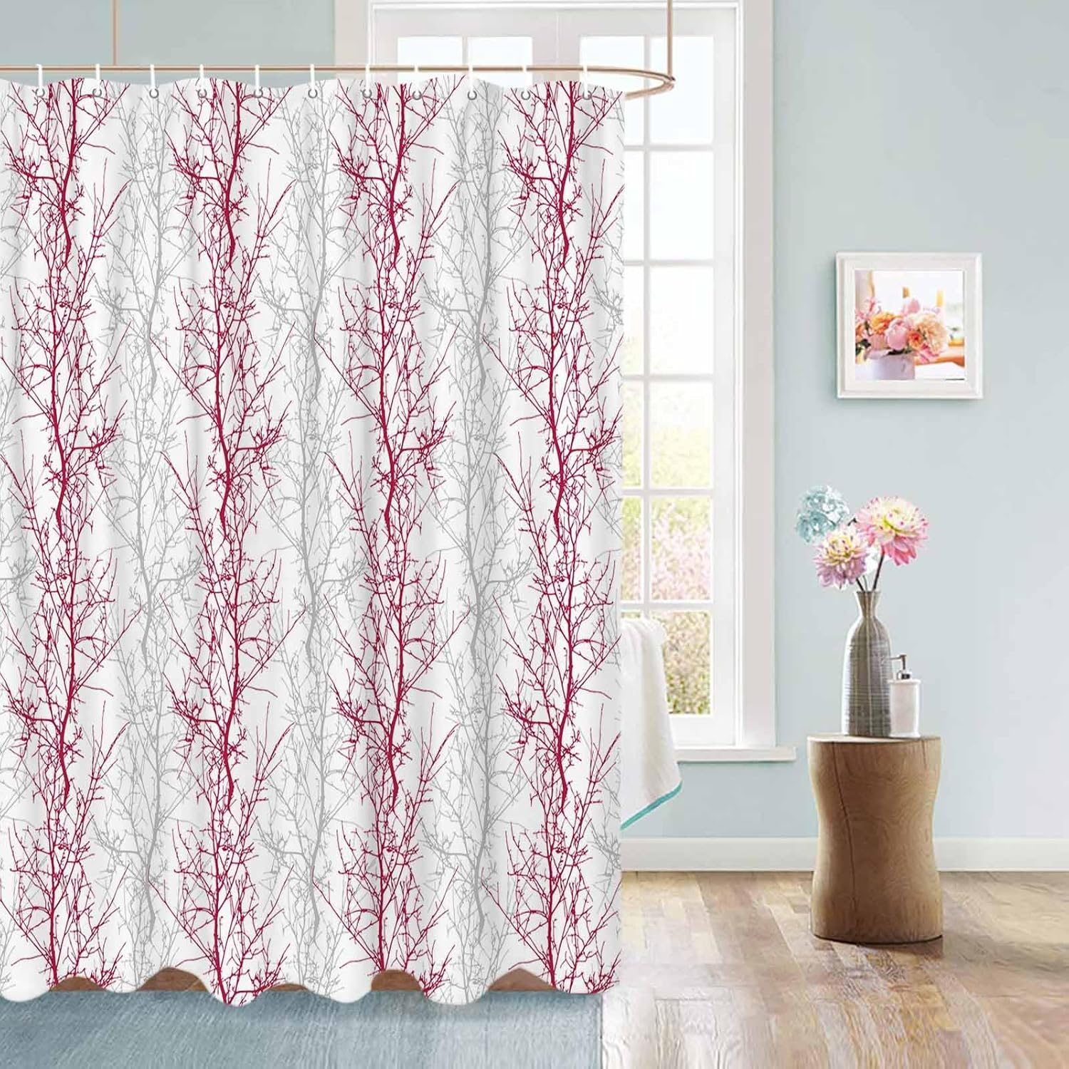 72 Inch Rose Red and Grey Shower Curtain Set with 12 Hooks