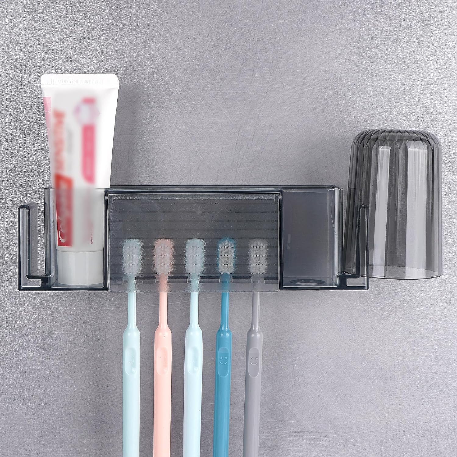 5 Slots Wall Mount Toothbrush Holder with Cover - Gray Large