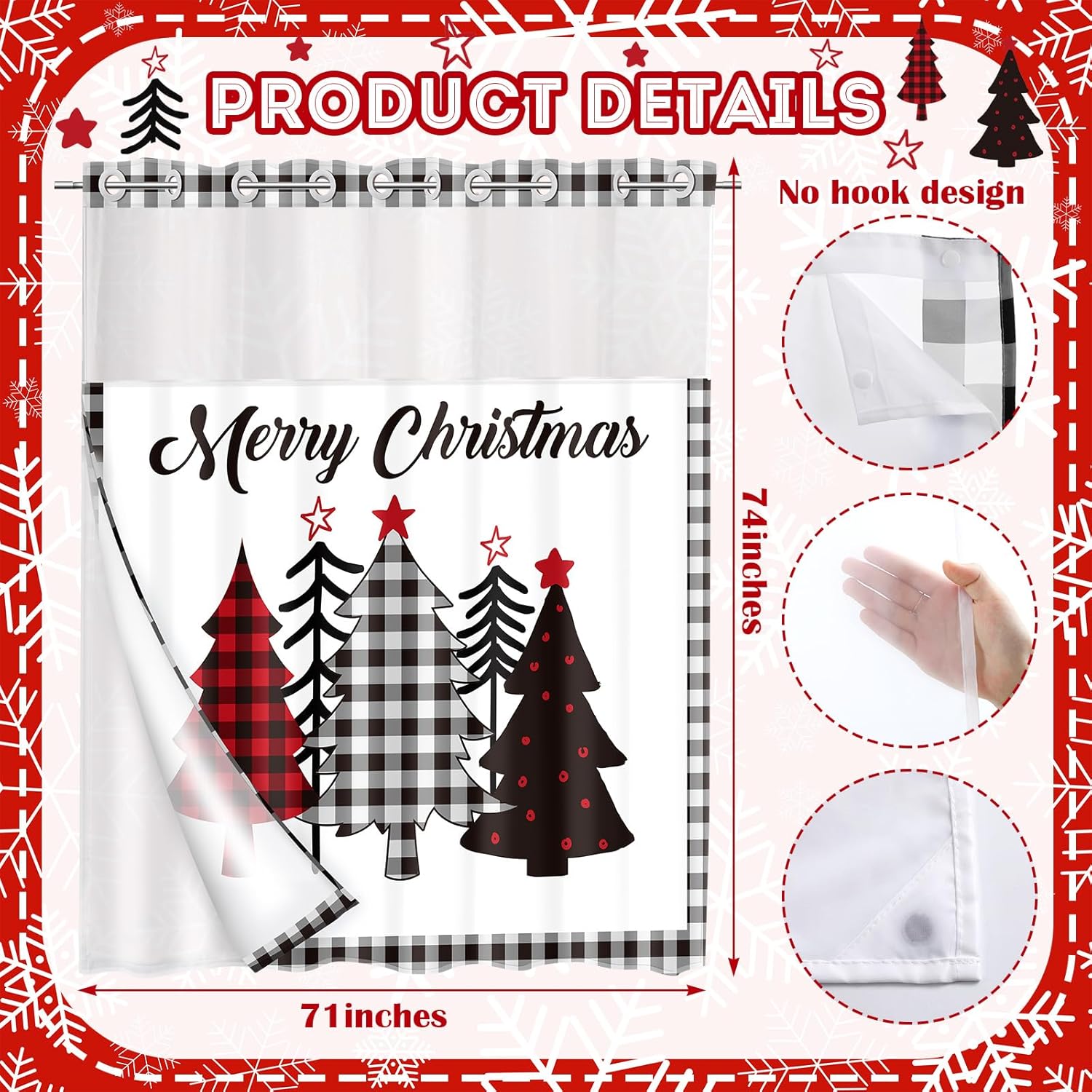 FuWeave No Hook Christmas Shower Curtain with Snap-in Liner