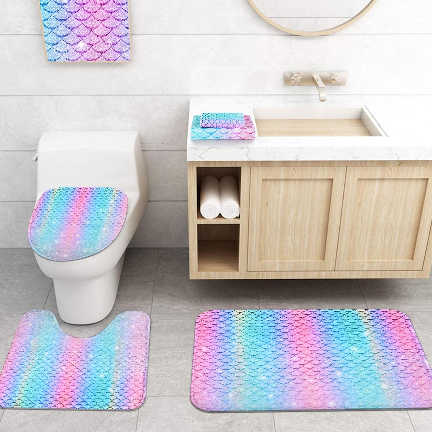 Alishomtll 7 Pcs Mermaid Kids Shower Curtain Set with Rugs and Towels