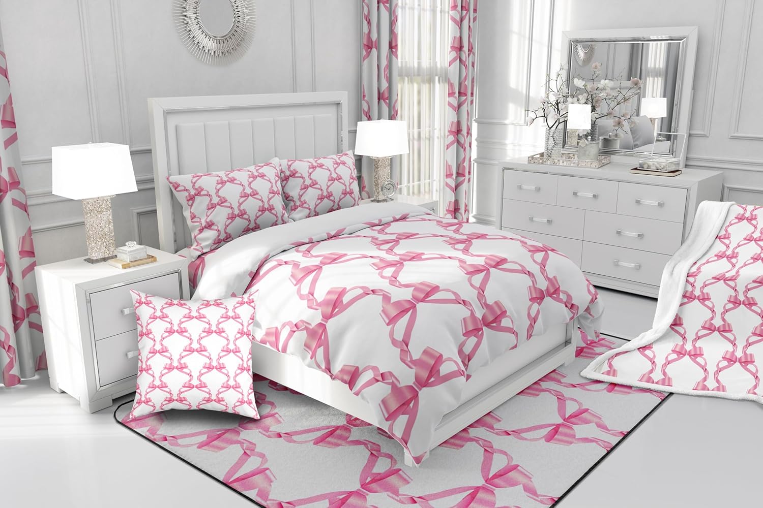 Feelyou Pink Bowknot Bath Curtain Set 72x72 Kids Princess Style 1