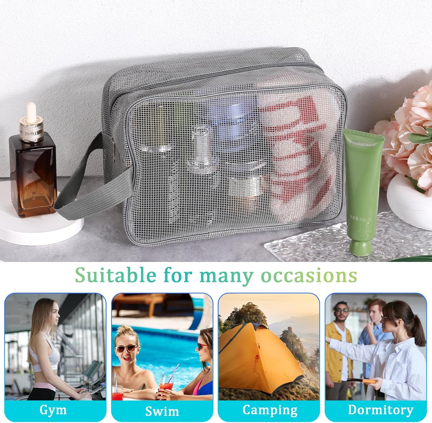 Mozeat Lens Mesh Shower Caddy Bag Tote Grey