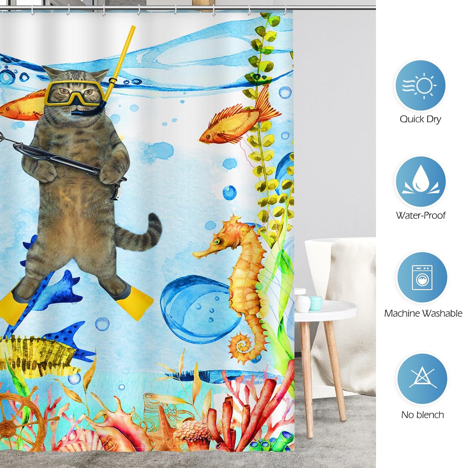 Funny Cat Shower Curtain Set with 12 Hooks 72x72