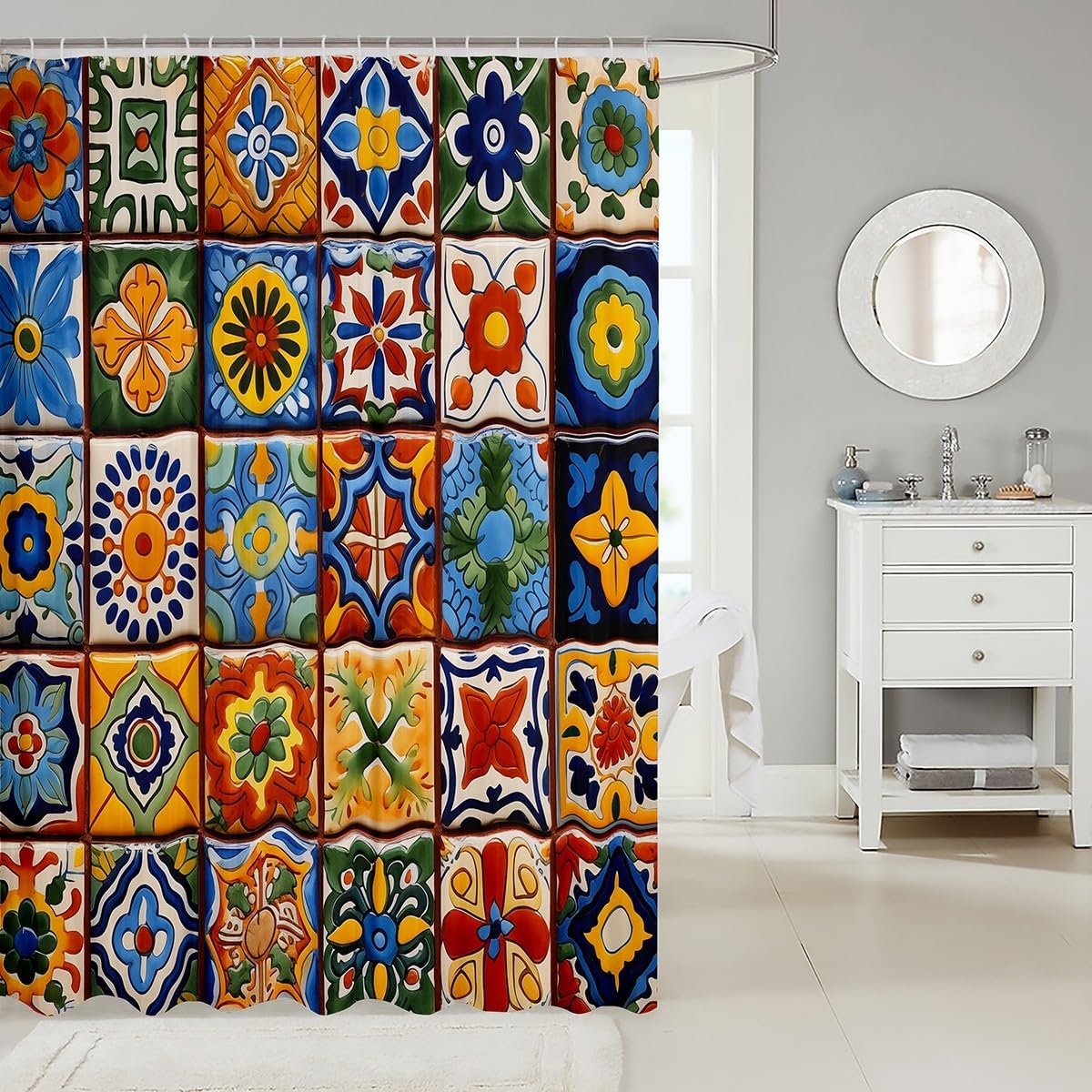 Erosebridal Mexican Talavera Style Shower Curtain Set with 15 Hooks