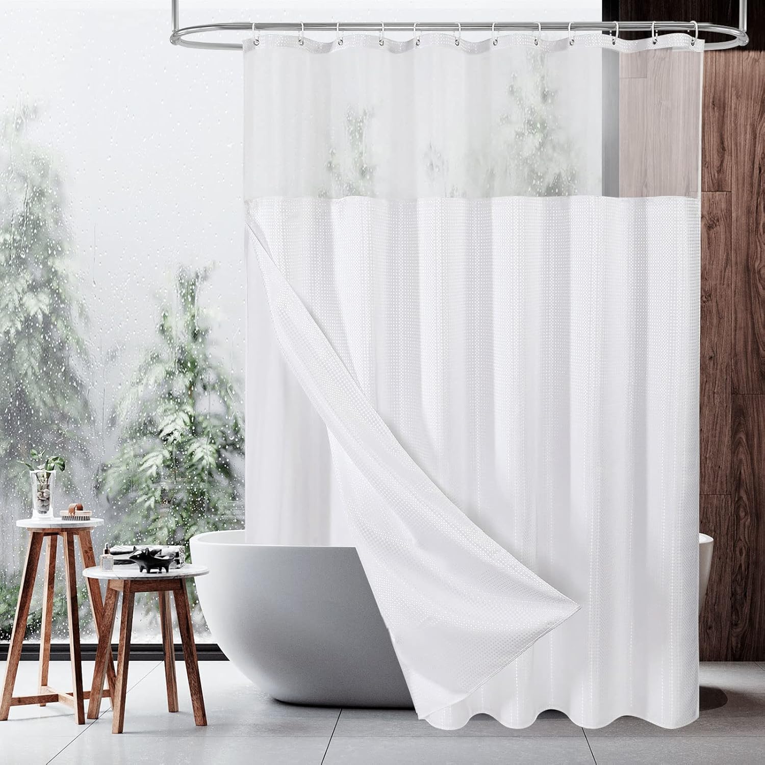 MitoVilla White Waffle Shower Curtain Set with Liner 1