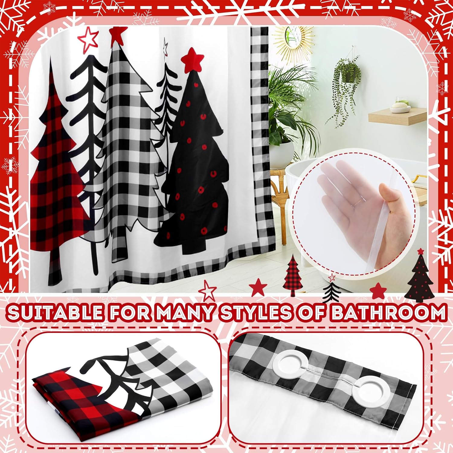 FuWeave No Hook Christmas Shower Curtain with Snap-in Liner