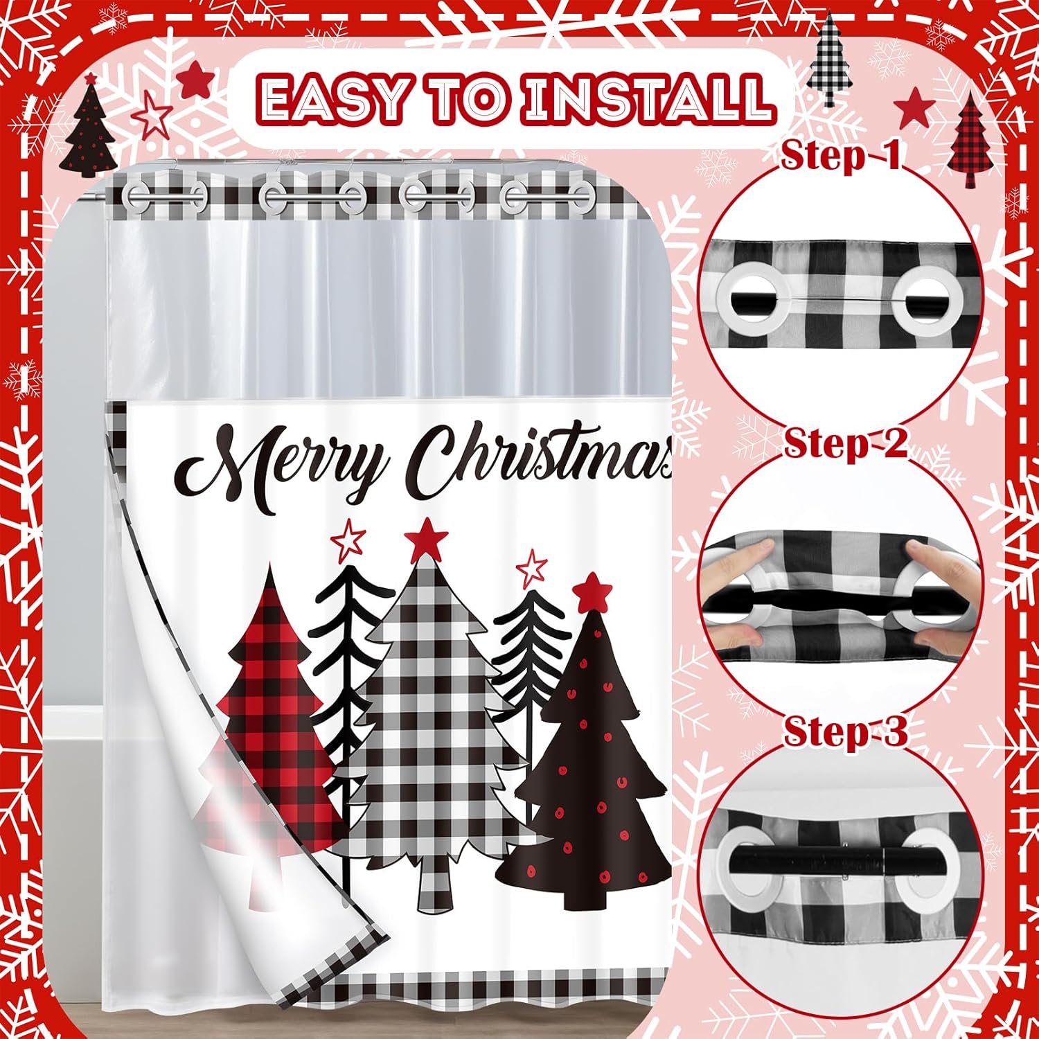 FuWeave No Hook Christmas Shower Curtain with Snap-in Liner