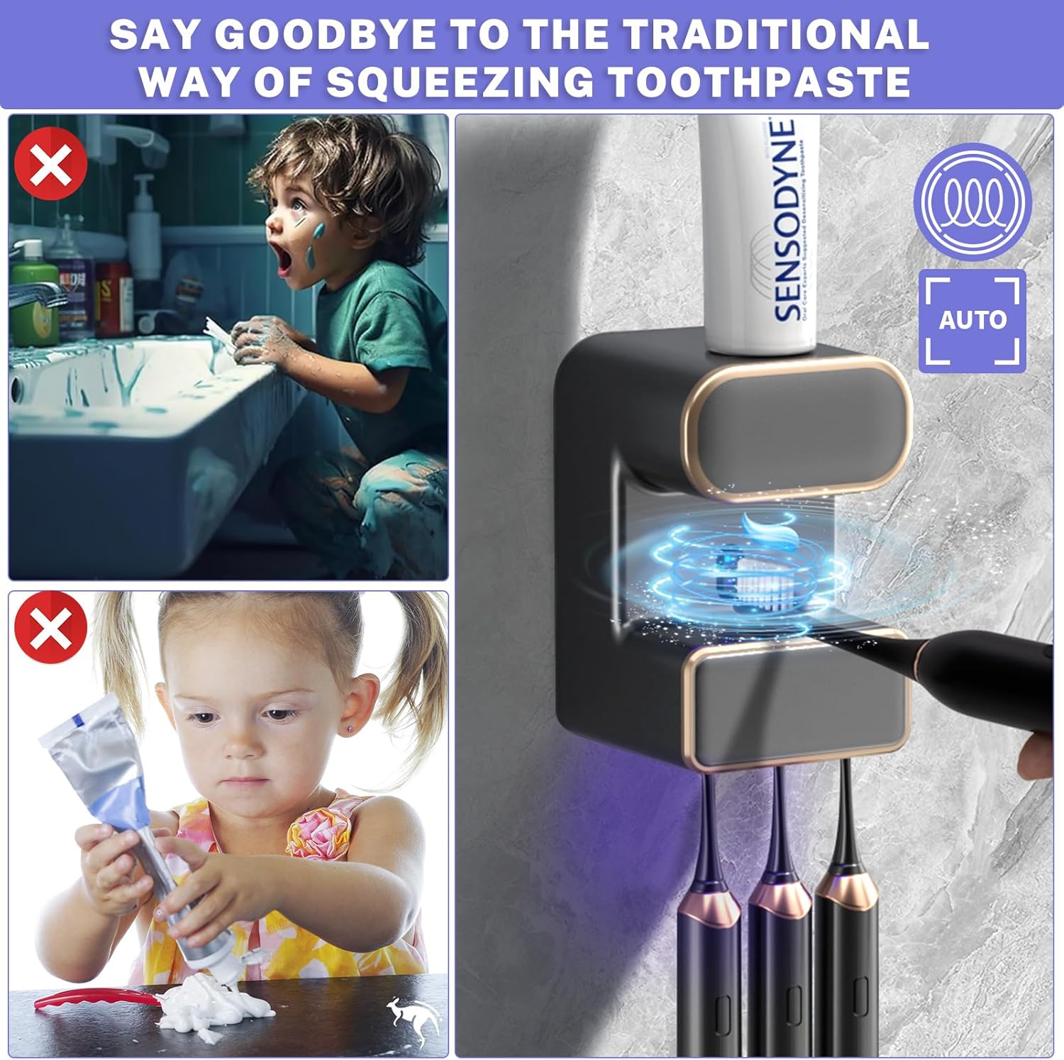 Automatic Toothpaste Dispenser with 3 Slots - Wall Mount Anti-Cross Contamination