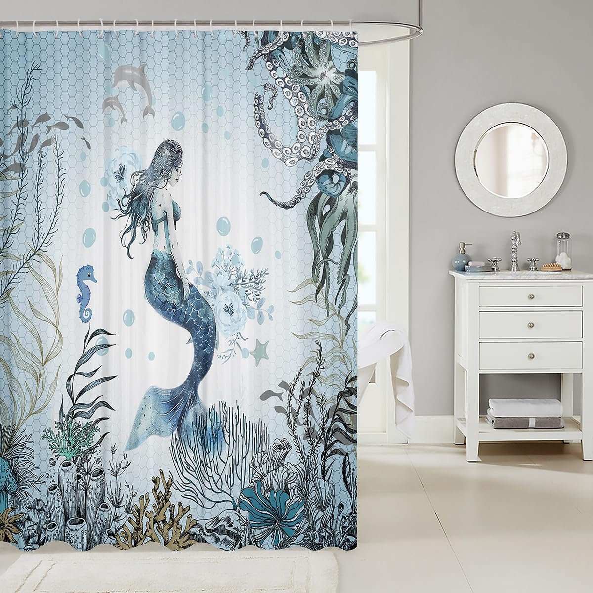 Feelyou Mermaid Shower Curtain 72x72 Waterproof Kids Bathroom Decor