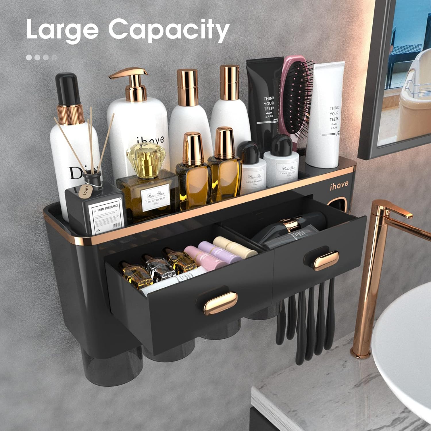 iHave Toothbrush Holder with Toothpaste Dispenser and Cosmetic Drawers