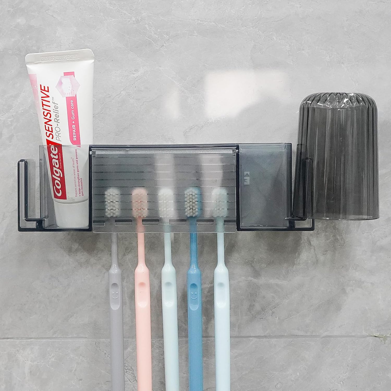 5 Slots Wall Mount Toothbrush Holder with Cover - Gray Large
