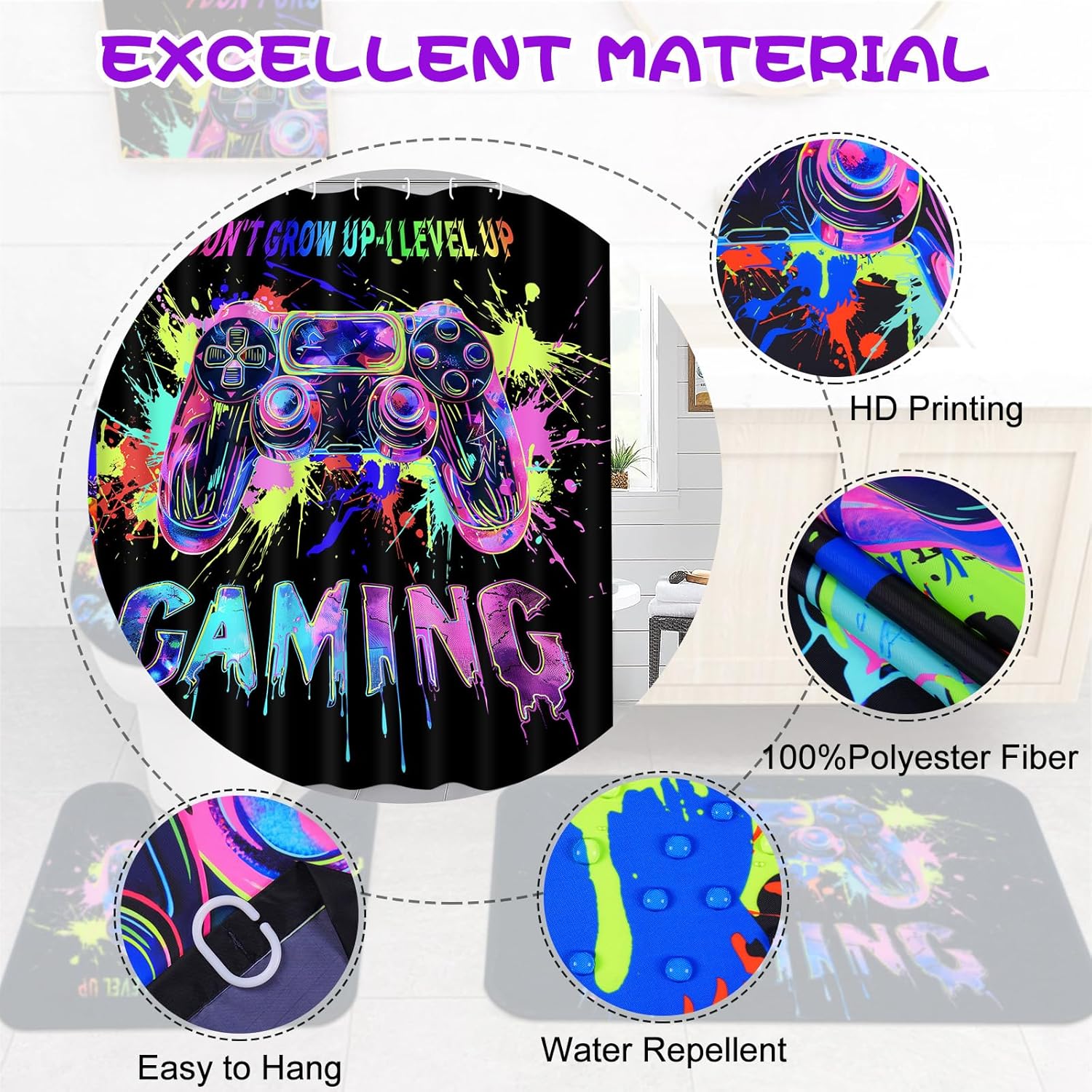 Likiyol 4 Pcs UV Reactive Blacklight Shower Curtain Set with Rugs