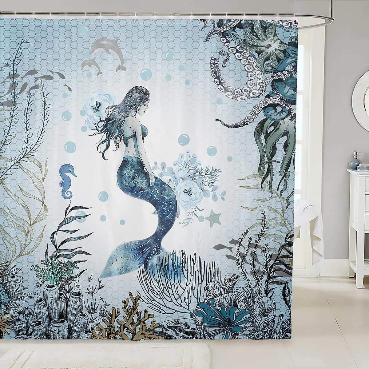 Feelyou Mermaid Shower Curtain 72x72 Waterproof Kids Bathroom Decor