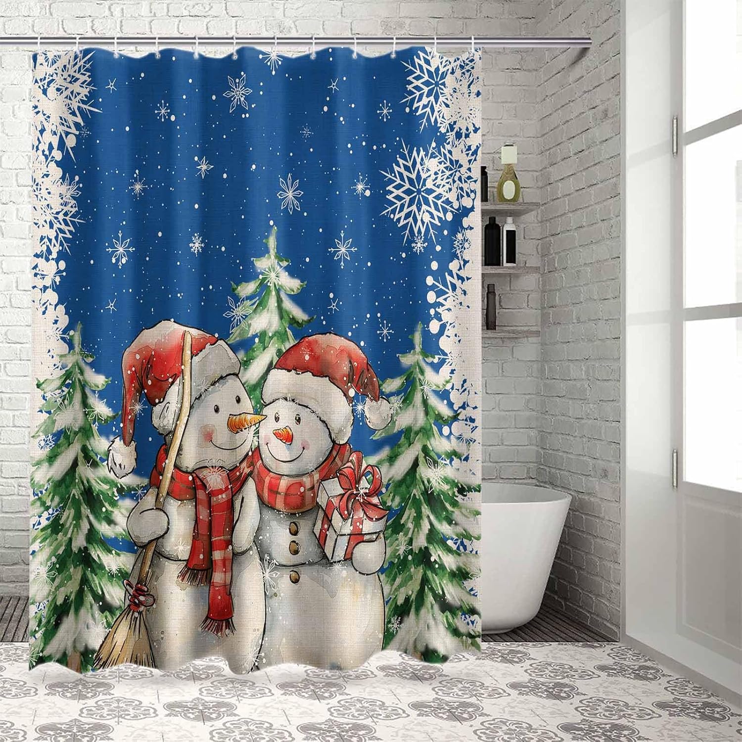 72 Inches Dark Blue Snowmen Shower Curtain Set with 12 Hooks