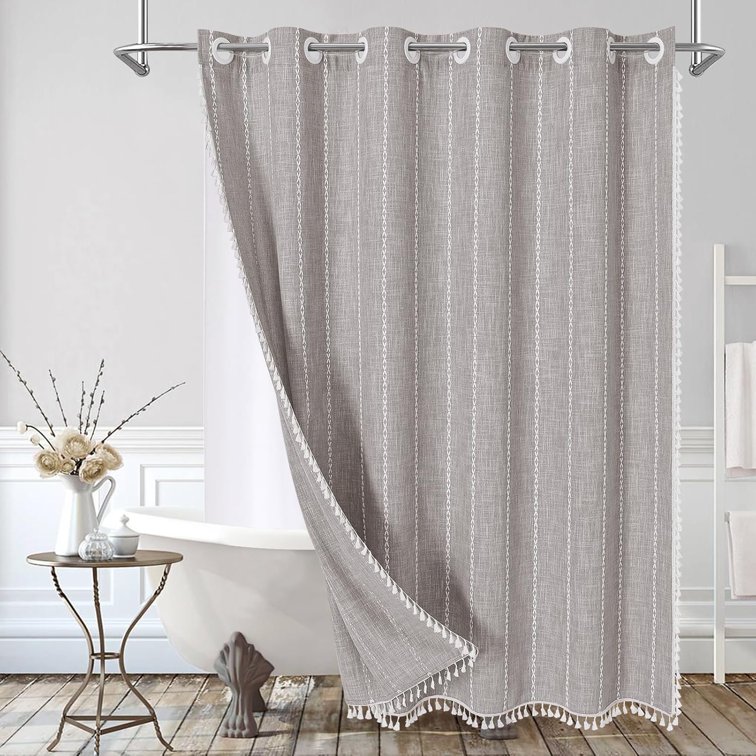 MitoVilla Boho Farmhouse Shower Curtain Set Grey Taupe 72x74