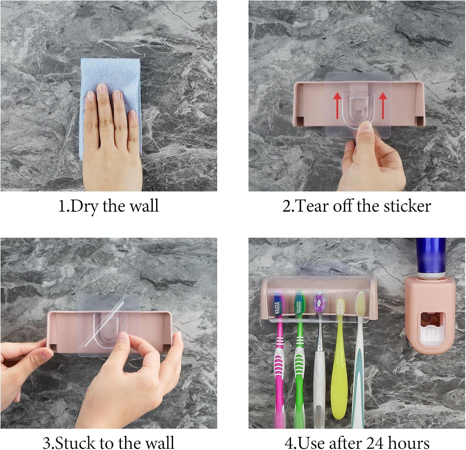 5 Slots Wall Mount Toothbrush Holder with Cover and Dispenser Pink