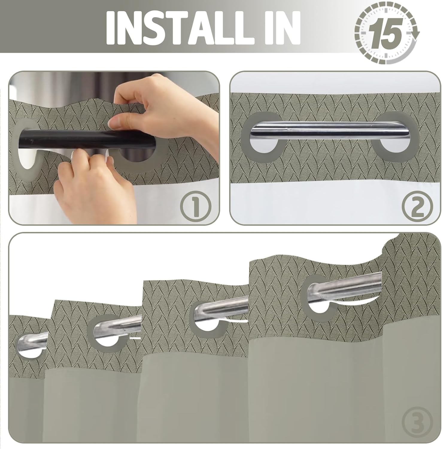 TERSUM No Hook Shower Curtain Set Grey 71x74 Inch