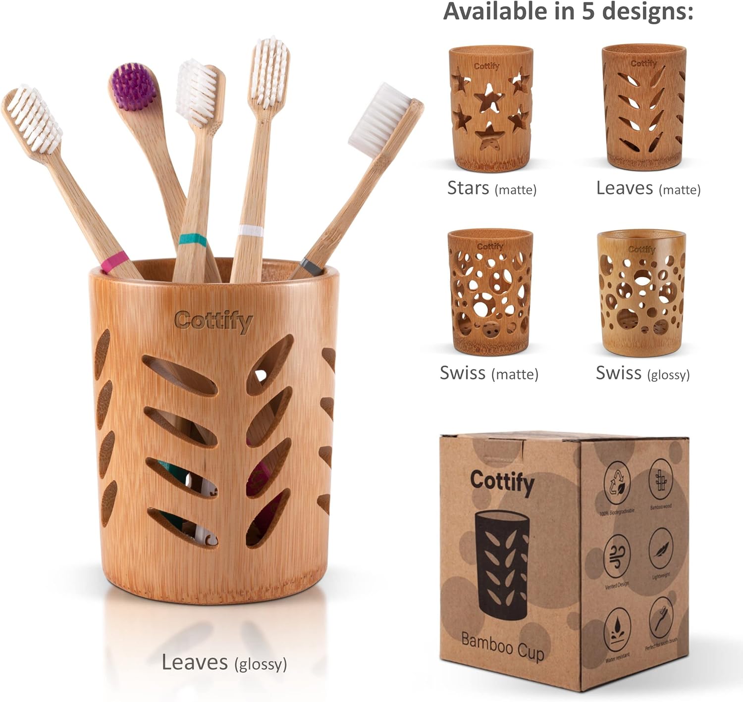 Cottify Eco-Friendly Bamboo Toothbrush Holder with Drain