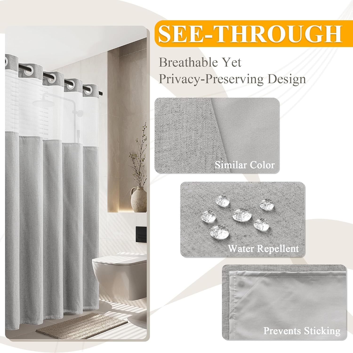No Hooks Linen Shower Curtain Set Light Grey
