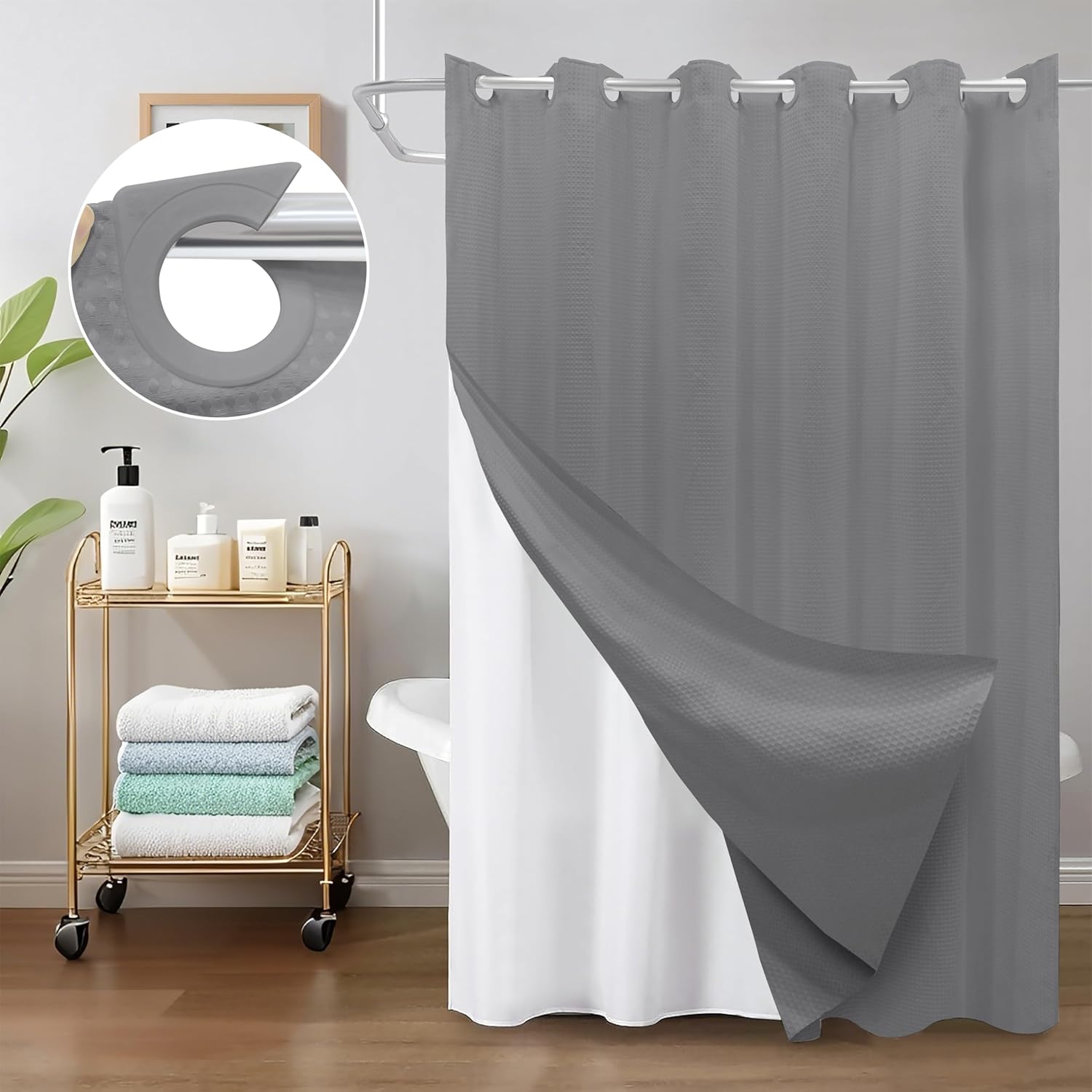 Inhousolu No Hook Waffle Shower Curtain Set - 72x78 Inch Grey
