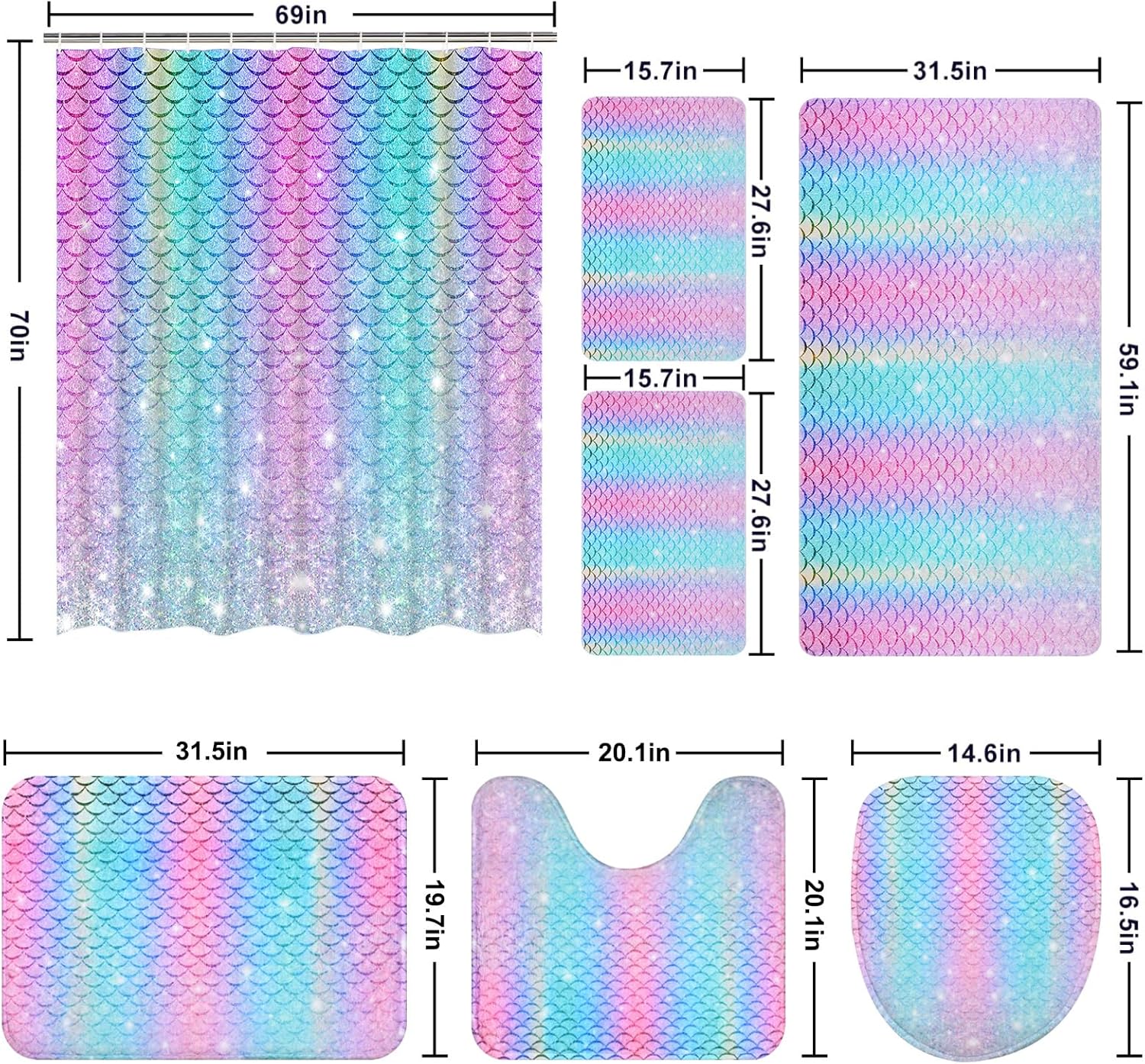 Alishomtll 7 Pcs Mermaid Kids Shower Curtain Set with Rugs and Towels