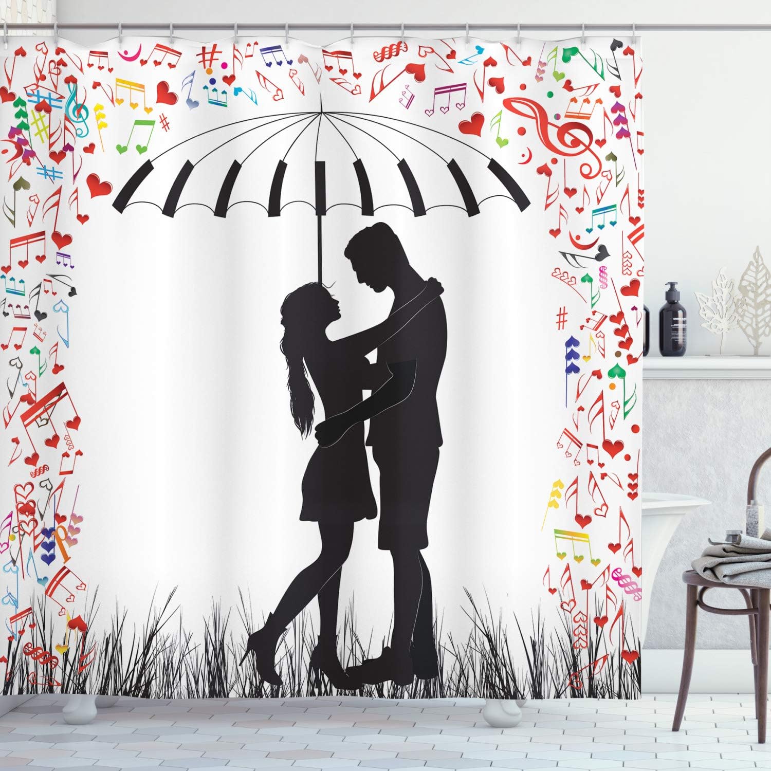 Ambesonne Umbrella Girl Shower Curtain Set Charcoal Grey with Musical Heart Design