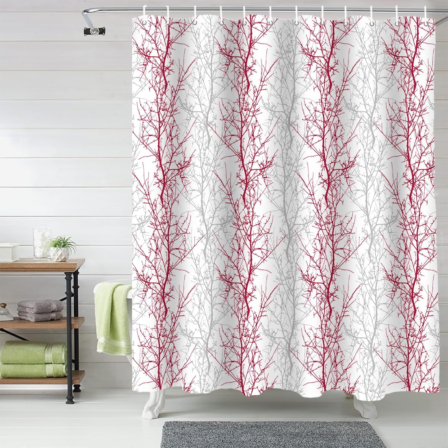 72 Inch Rose Red and Grey Shower Curtain Set with 12 Hooks