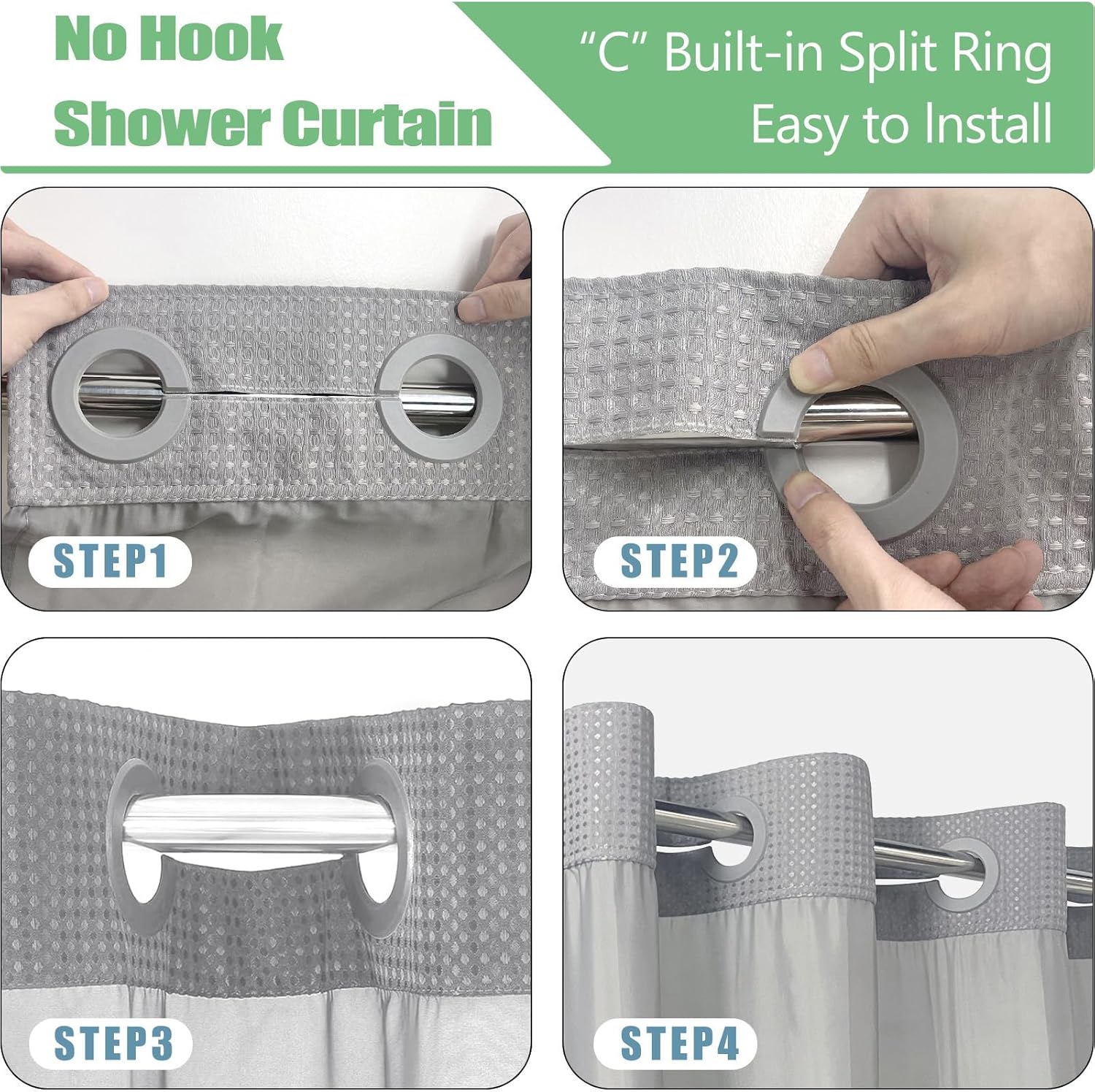 AMM No Hook Waffle Weave Shower Curtain with Snap in Liner Set Gray