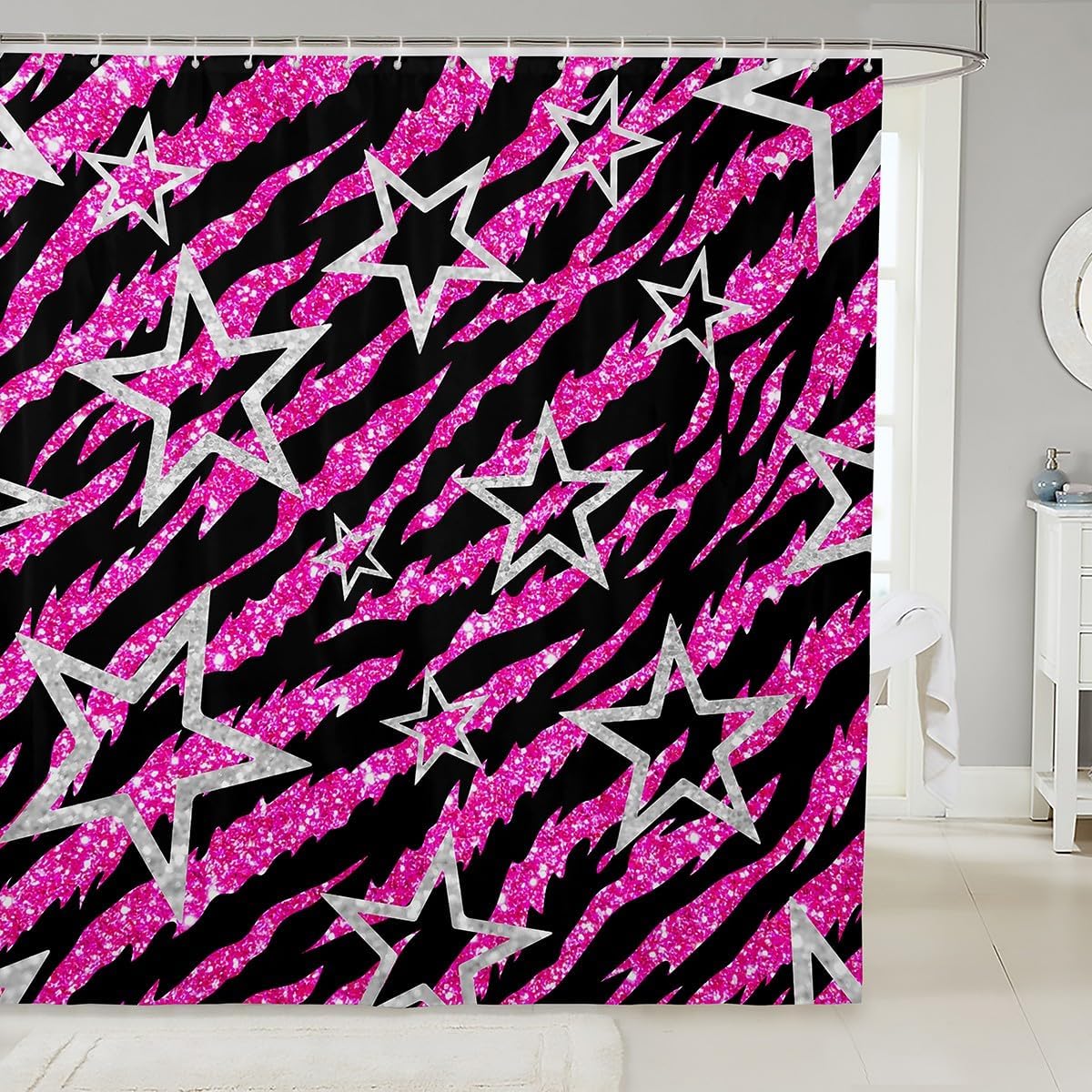 Feelyou Kids Pink Gitter Zebra Shower Curtain Set