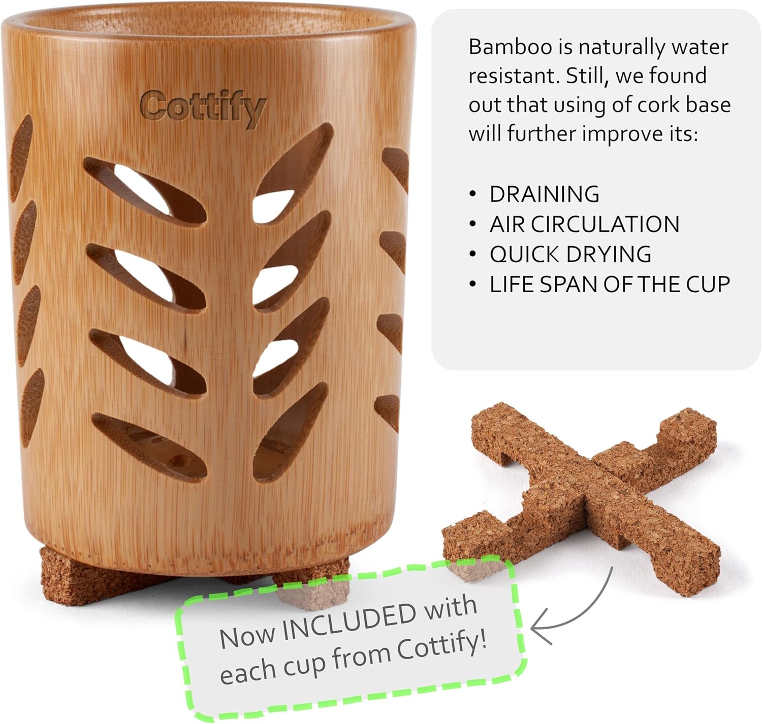 Cottify Eco-Friendly Bamboo Toothbrush Holder with Drain