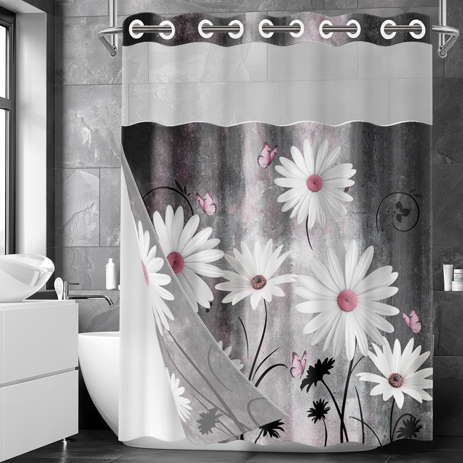 Nesphy Pink White Daisy Butterfly Shower Curtain Set