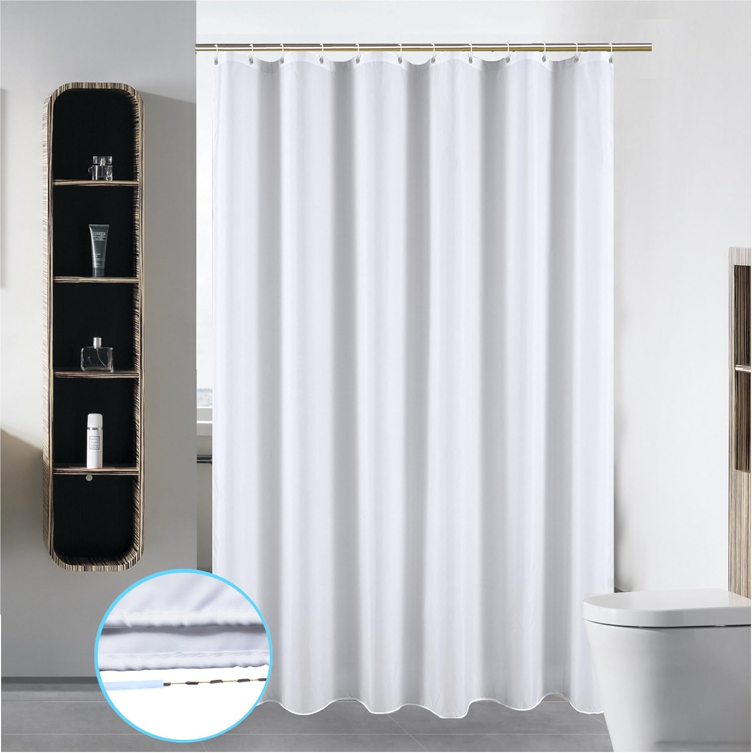 SLattye 72 x 84 Washable Shower Curtain Liner with Curved Plastic Hooks Set