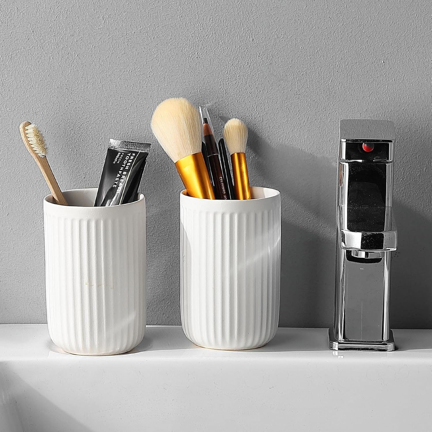 White Ceramic Toothbrush Holder Set 2Pcs