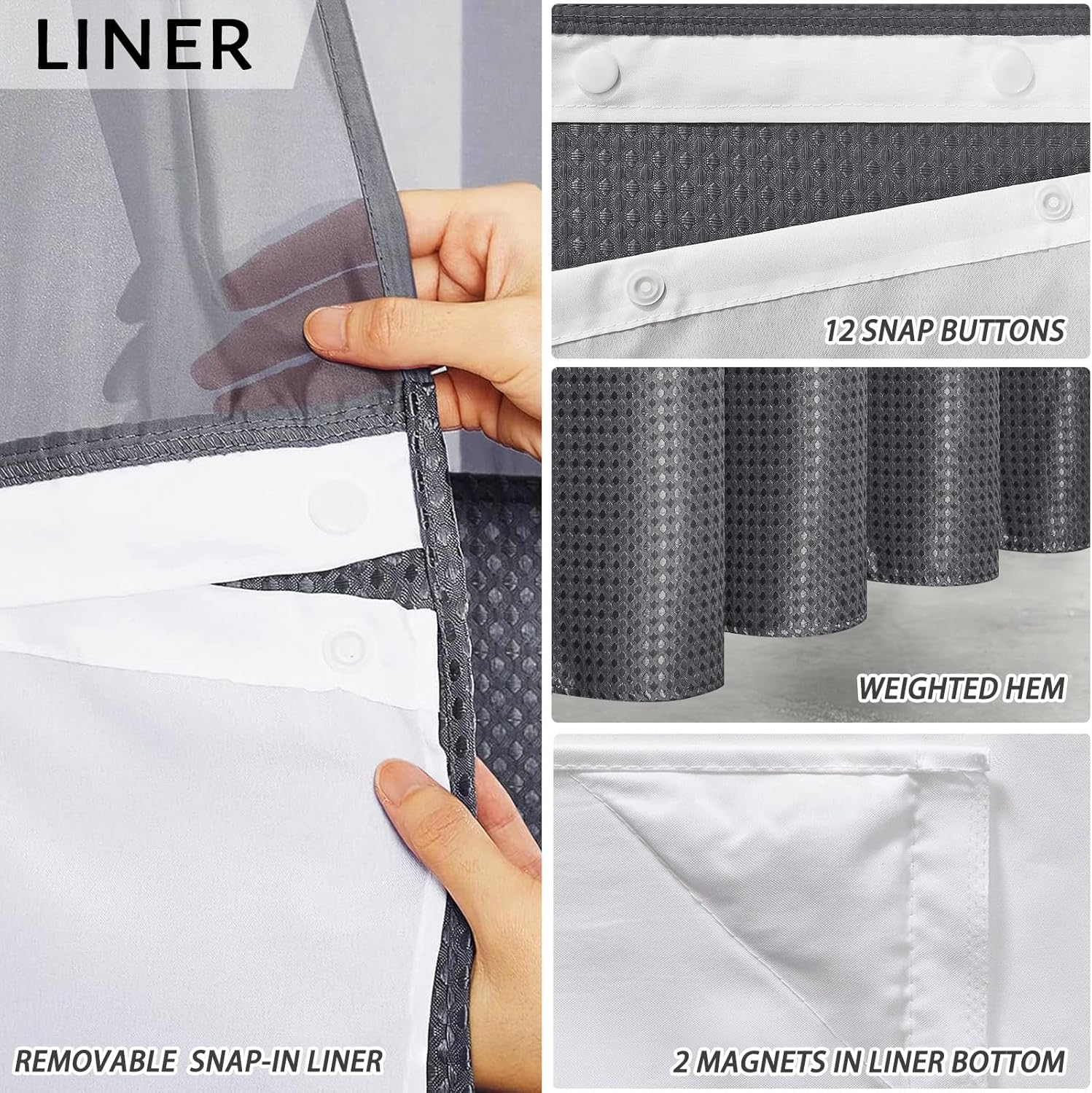 Furlinic No Hook Waffle Weave Shower Curtain Set Dark Grey 54x80 Inch