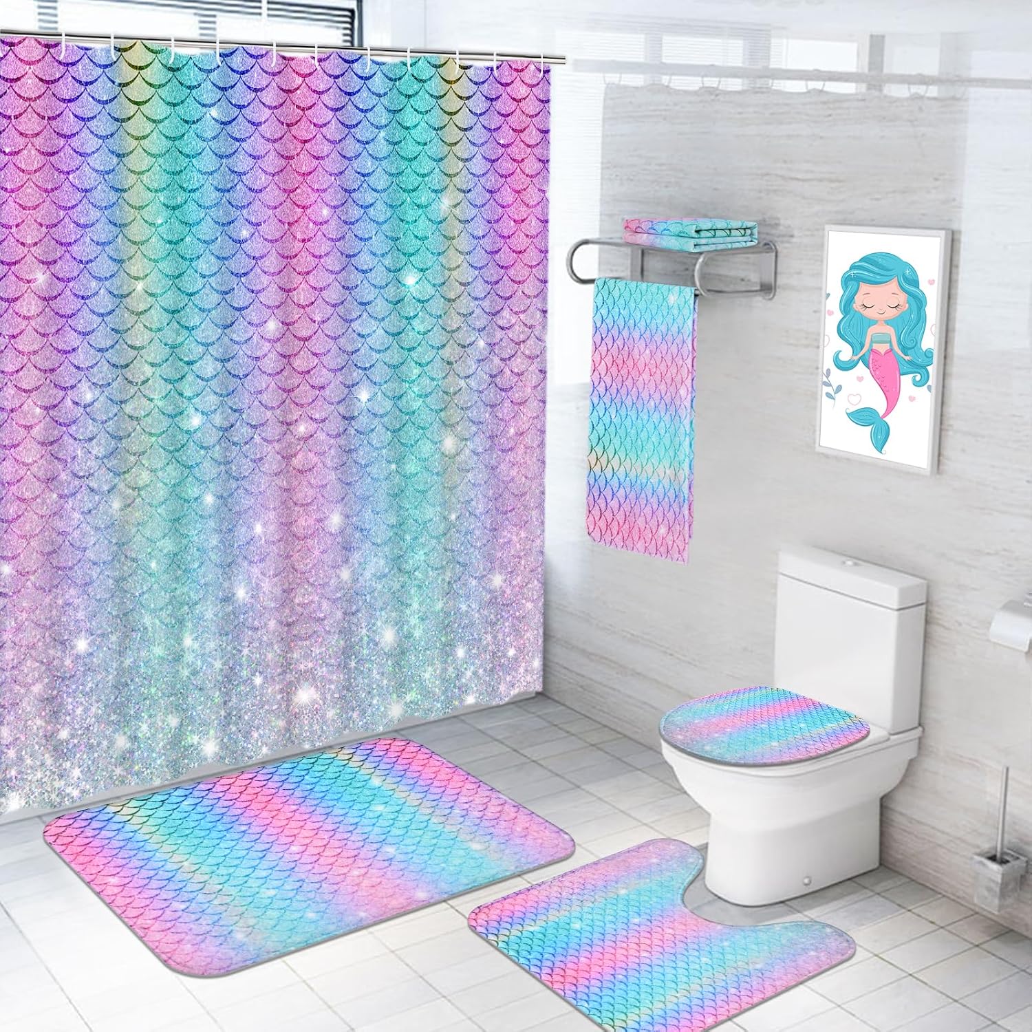 Alishomtll 7 Pcs Mermaid Kids Shower Curtain Set with Rugs and Towels