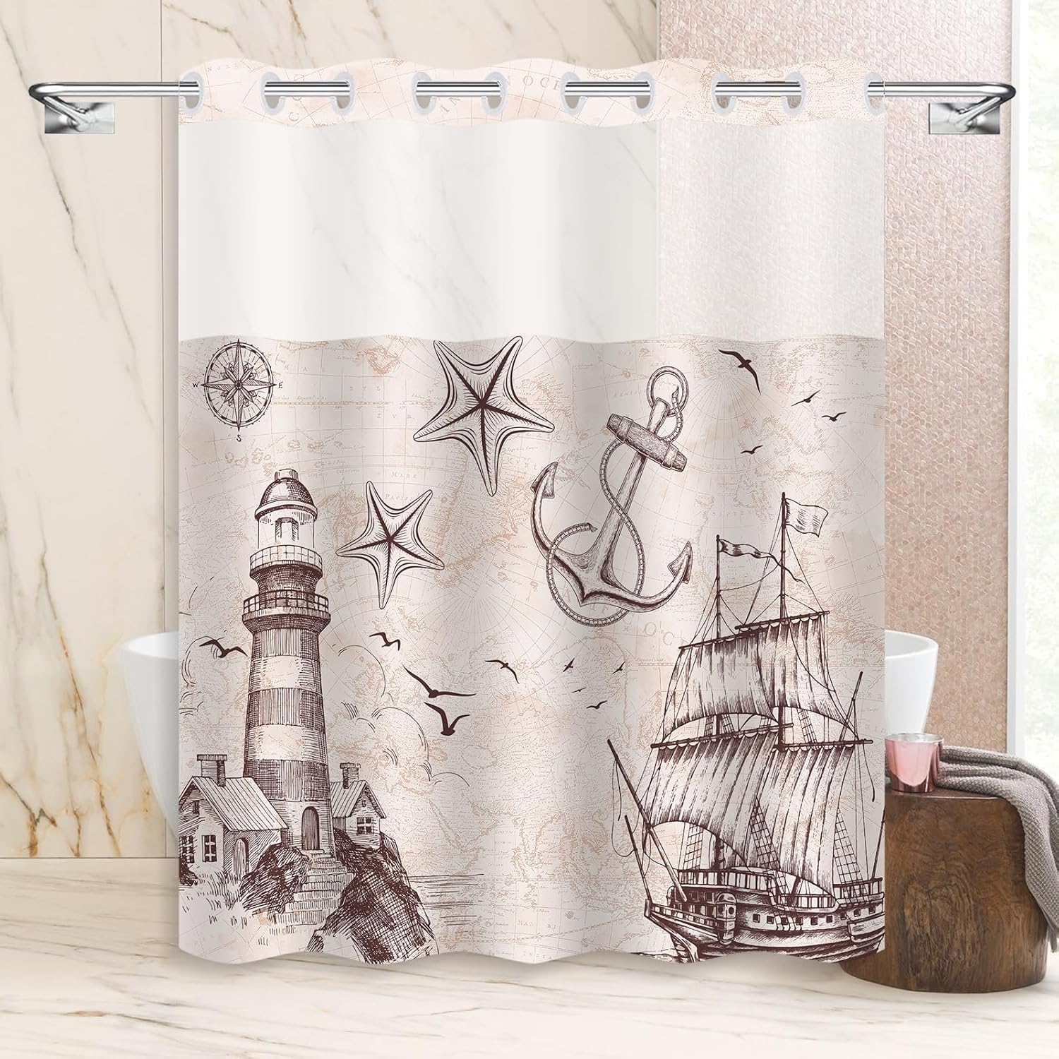 Uhexoyo Ocean Themed Nautical Lighthouse Shower Curtain 71x74in Hookless Double Lining